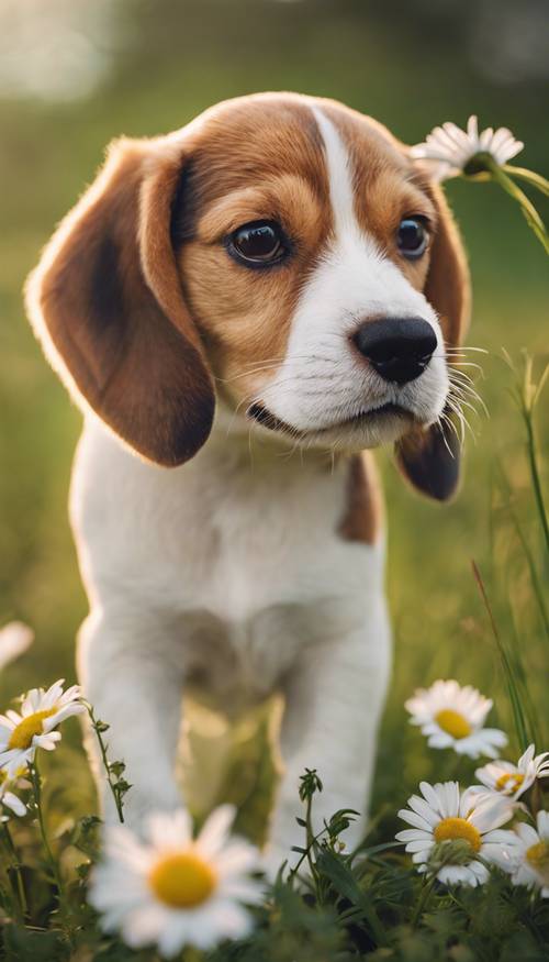 一只小猎犬幼犬在生机勃勃的春天草地上好奇地嗅着一朵盛开的雏菊。