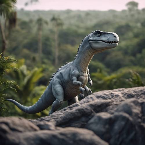 A contemplative gray dinosaur looking out over an expansive prehistoric jungle.