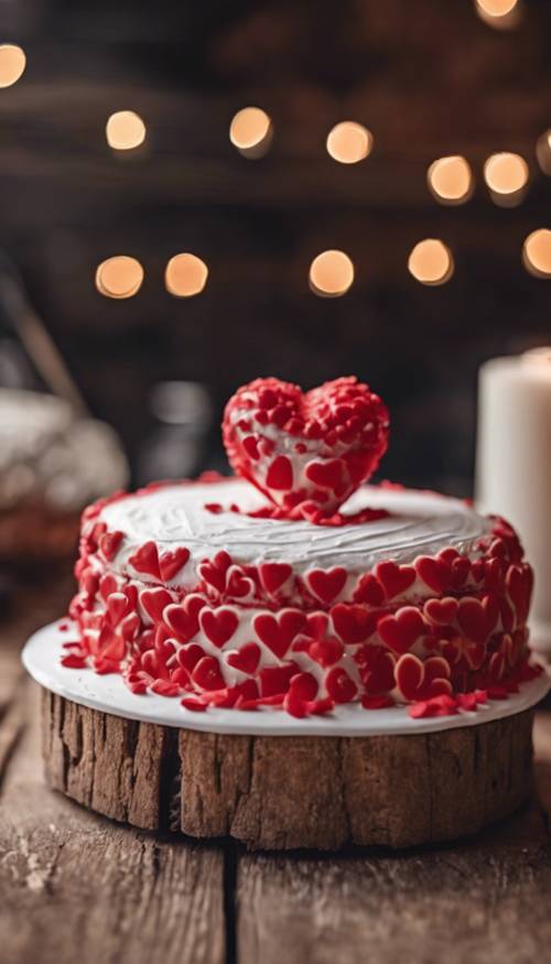 Bolo em forma de coração vermelho com detalhes em glacê branco, colocado sobre uma mesa de madeira rústica.