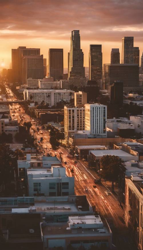 Urban life in downtown Los Angeles during sunset.