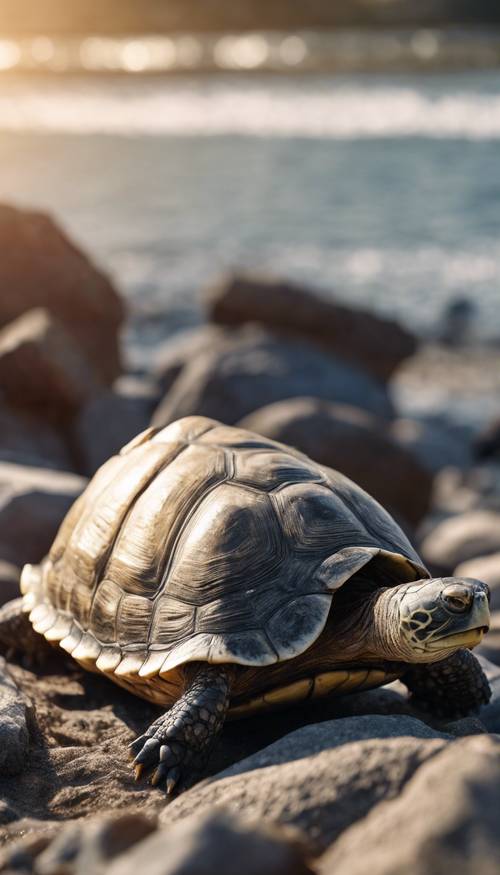 A close view of an elderly turtle with a weathered shell, basking in the sun on a rocky shore.