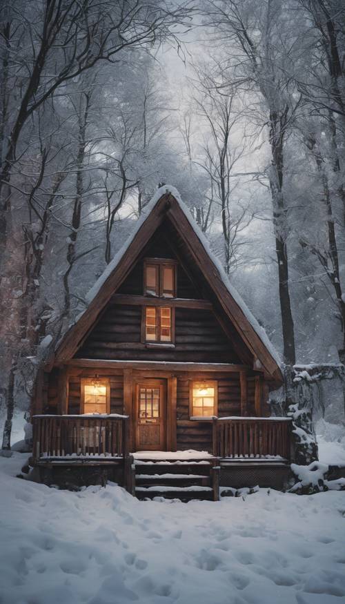 Rustykalna chata położona o świcie w zaśnieżonym lesie.