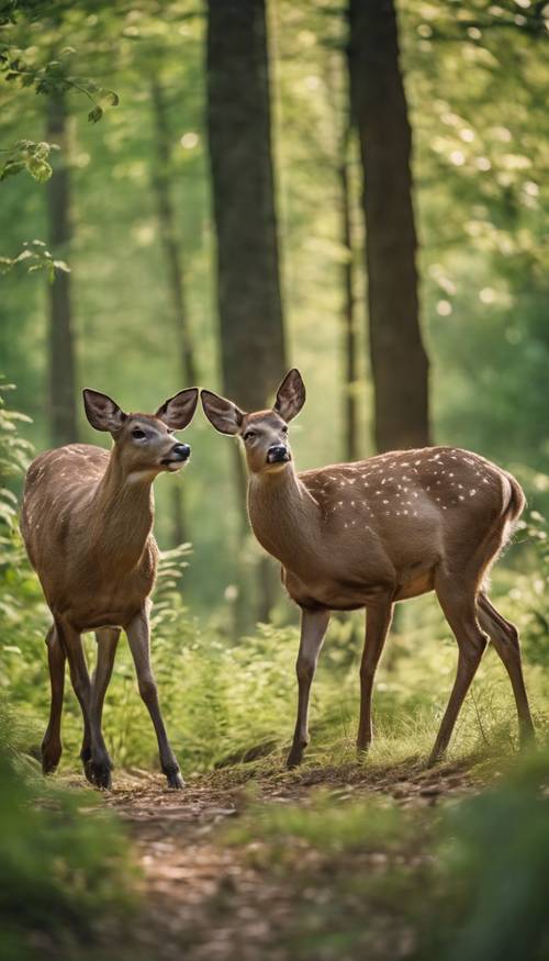 A pair of light brown deer prancing in a green forest in daylight.