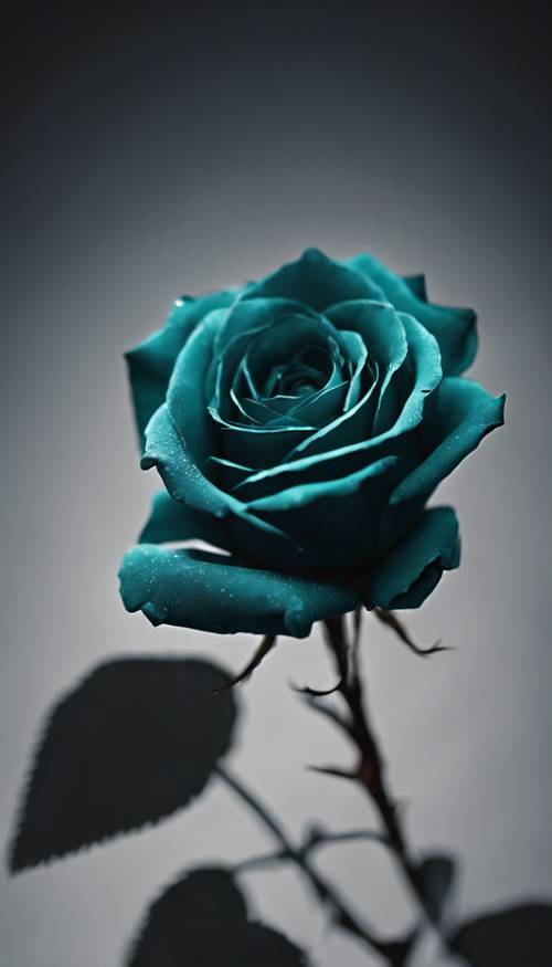 一朵青色玫瑰在純黑色的背景下綻放出柔和的光芒。