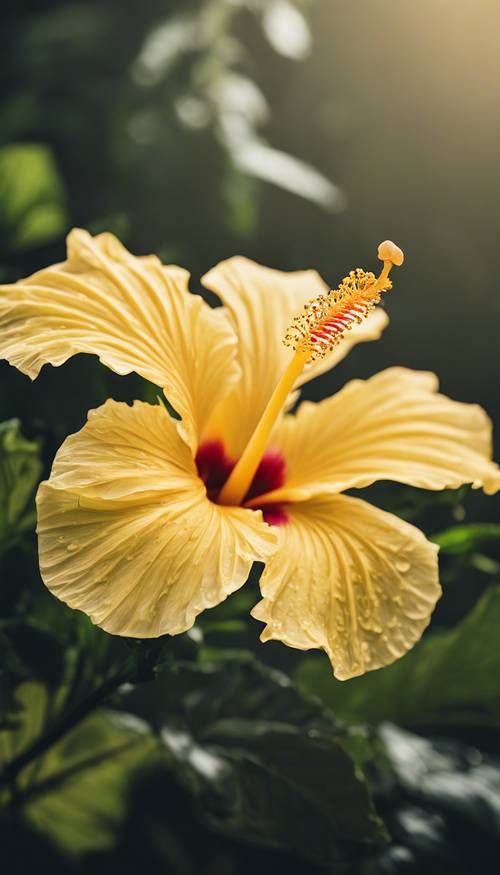 תמונה מפורטת של היביסקוס צהוב, פרח המדינה של הוואי, כשהאבקן והאבקן שלו נראים בבירור.