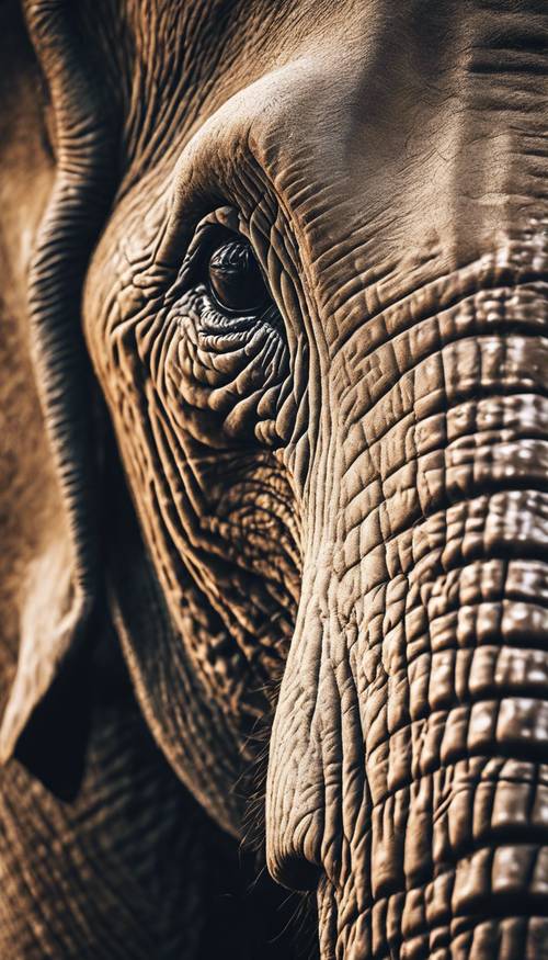 Detaillierte Nahaufnahme des Gesichts eines indischen Elefanten, die seine einzigartigen Muster und seine Textur zeigt.