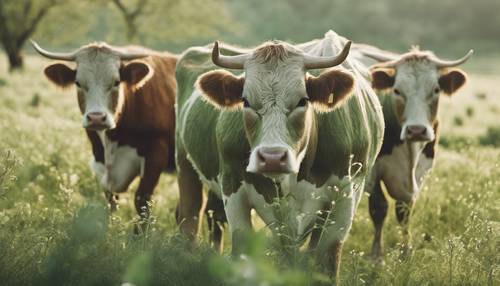 对清新的春日早晨景观的艺术诠释：灰绿色的奶牛在沾满露水的草地上吃草。