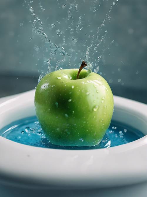 Una manzana verde cayendo en un recipiente lleno de agua azul celeste.