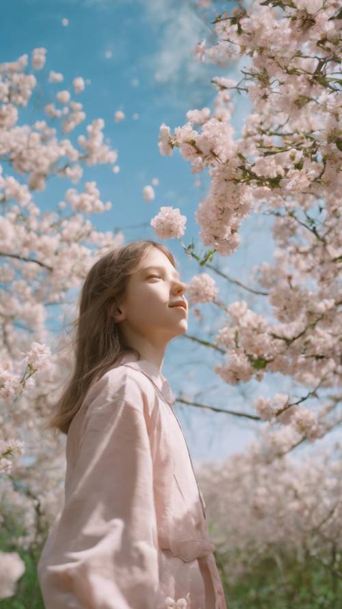 נערה צעירה משחקת בשמחה בפארק מלא בפרחים שזה עתה פרחו תחת שמי אביב בהירים.
