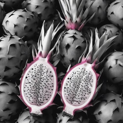 Exotic tropical fruit like dragon fruit or lychee, in a detailed grayscale image.
