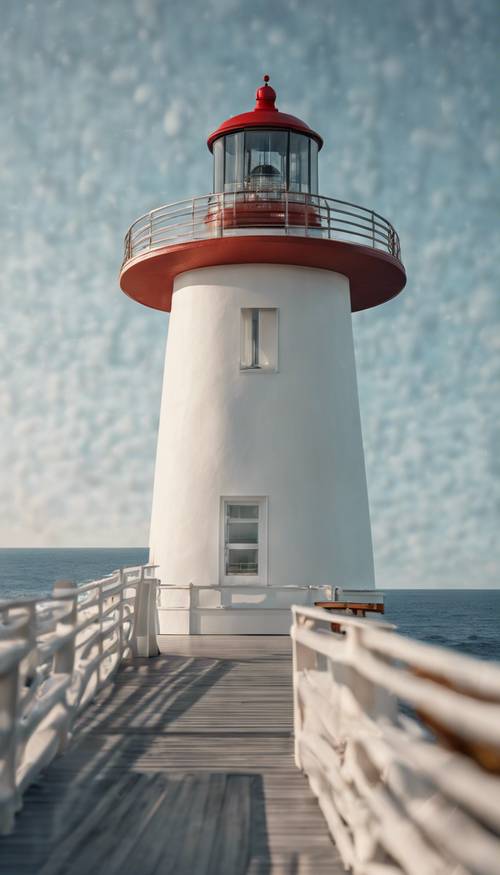 一座现代灯塔，线条简洁，设计简约，俯瞰着平静、安详的大海。