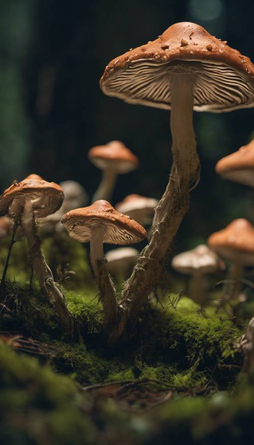 مشهد غابة ليلي غريب مع تشكيلات فطر خيالية ذات محلاق مطحلب.