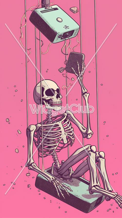 Skelett im Weltraum mit rosa Hintergrund