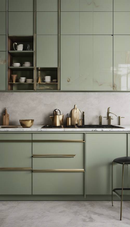 真鍮の取り付け具が使われた淡い緑色のキッチンの壁紙