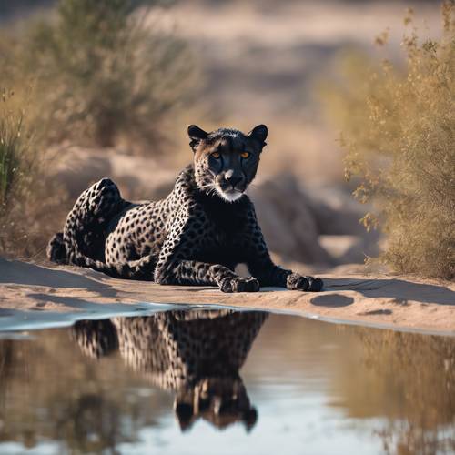 Gambar artistik seekor cheetah hitam yang sedang bersantai di dekat lubang air yang tenang dan memantulkan cahaya