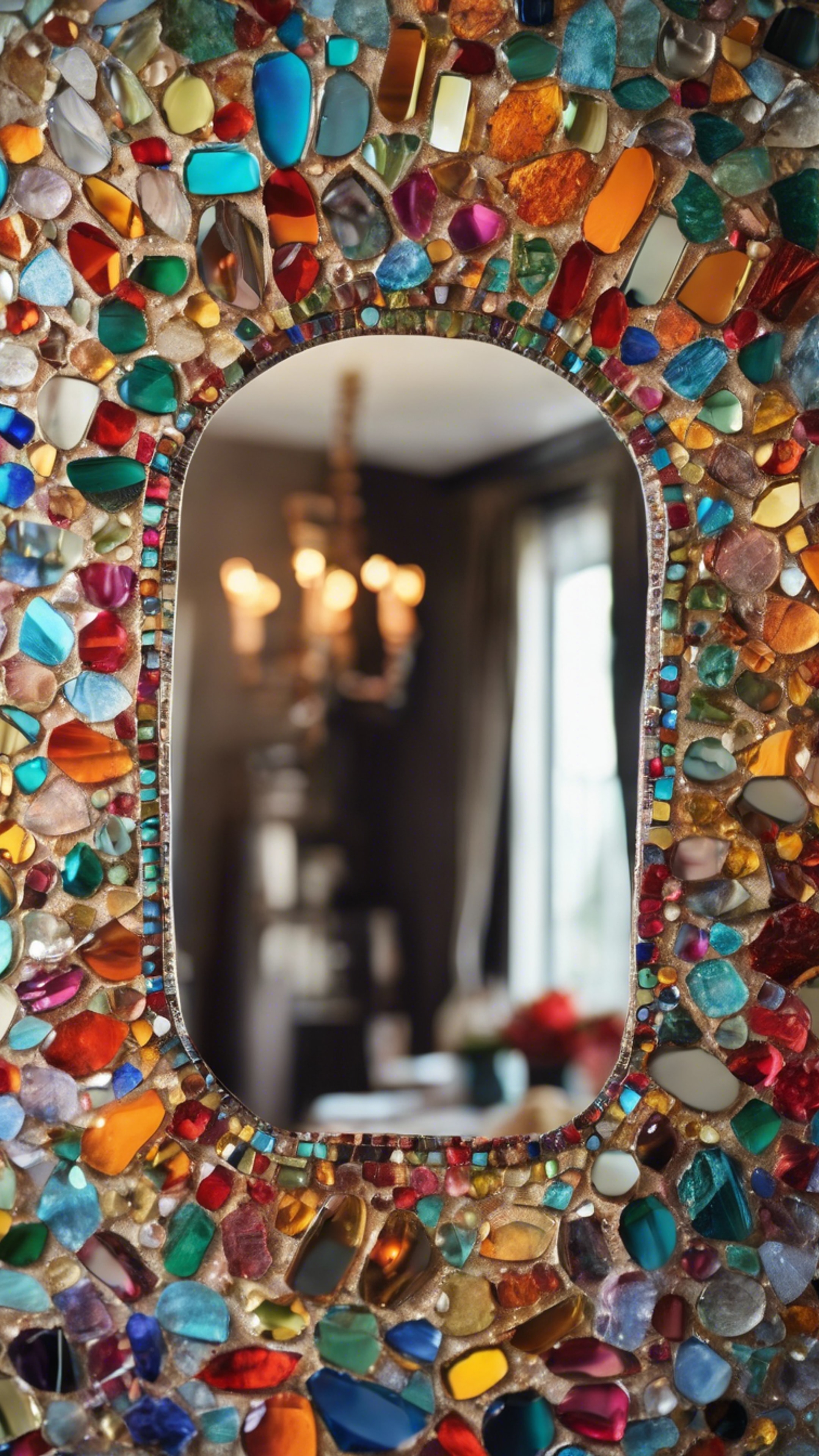 Handcrafted mosaic mirror with colorful glass pieces, reflecting a sunny boho-chic interior. Wallpaper[2b4a557ca8ad453390e2]
