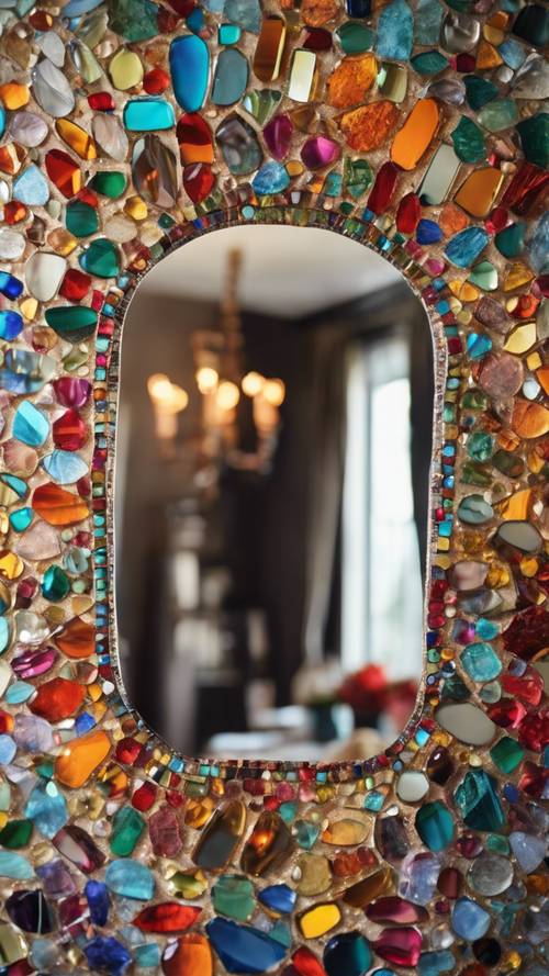 手工制作的马赛克镜子，配有彩色玻璃碎片，反射出阳光明媚的波西米亚风格内饰。