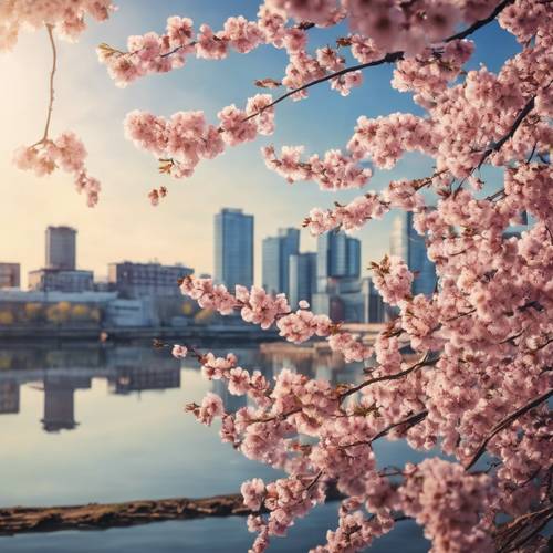 Fiori di ciliegio che fluttuano sullo sfondo di un vivido paesaggio urbano su un vecchio muro di fabbrica