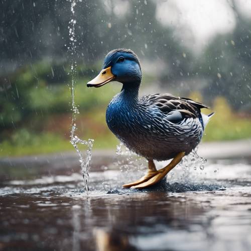 A blue duck playfully splashing in a small puddle after a fresh rain shower.