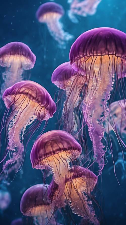 A detailed illustration of a group of ethereal jellyfish glowing in hues of blues and purples in the deep ocean.