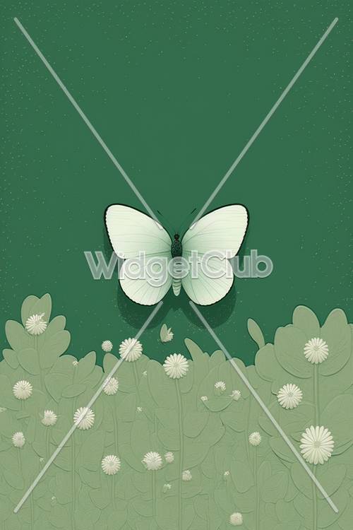 Mariposa verde en un jardín de flores mágico