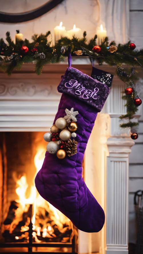 Un calcetín navideño de color morado oscuro colgado junto a una chimenea crepitante.