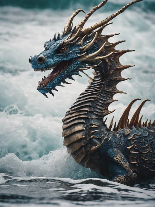 Un temible dragón marino japonés que emerge de las olas del océano.