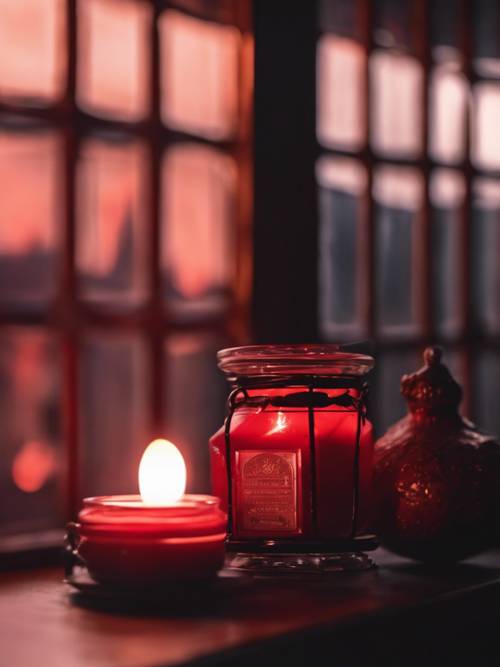Zischende rote gotische Kerze brennt in einem Fenster, gegen den dunklen Abend