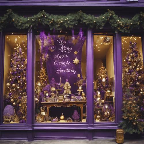 An antique store window adorned with purple and gold Christmas decorations, inviting holiday shoppers.