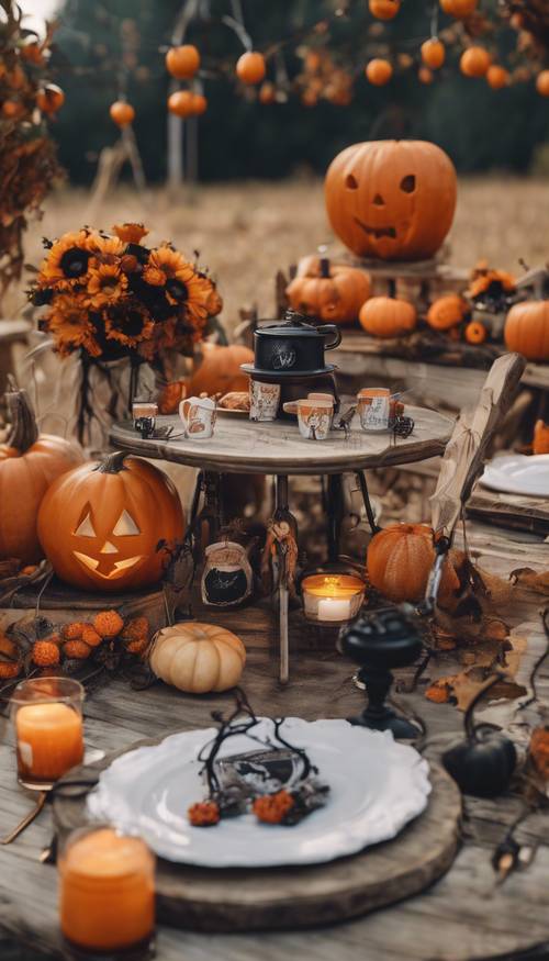 Un tavolo apparecchiato per due in un campo di zucche, decorato con un inquietante allestimento per un tè di Halloween.