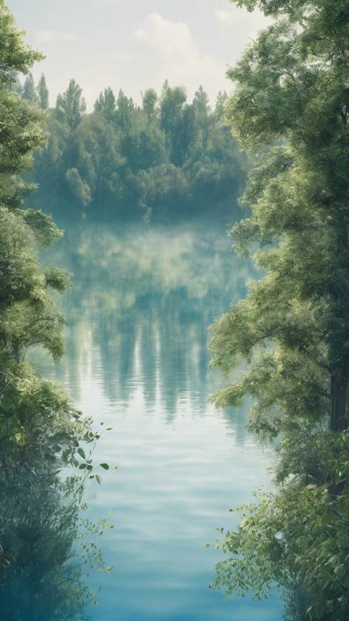 A calming landscape of a clear blue watercolor lake surrounded by tall and lush trees.