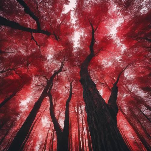 An ancient forest, each tree illuminated by its own unique shade of red aura. Wallpaper [5d390e04012f485cb277]