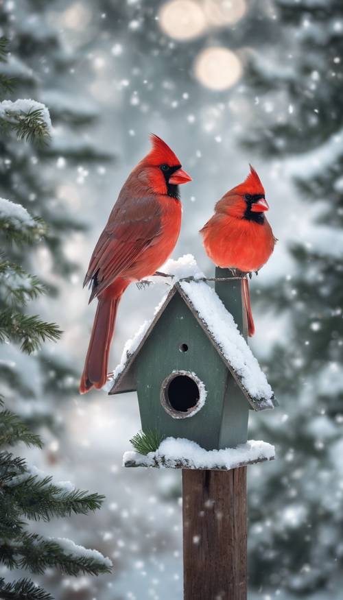 Um adorável cardeal vermelho descansando em uma casa de pássaros cheia de neve, com árvores perenes ao fundo.