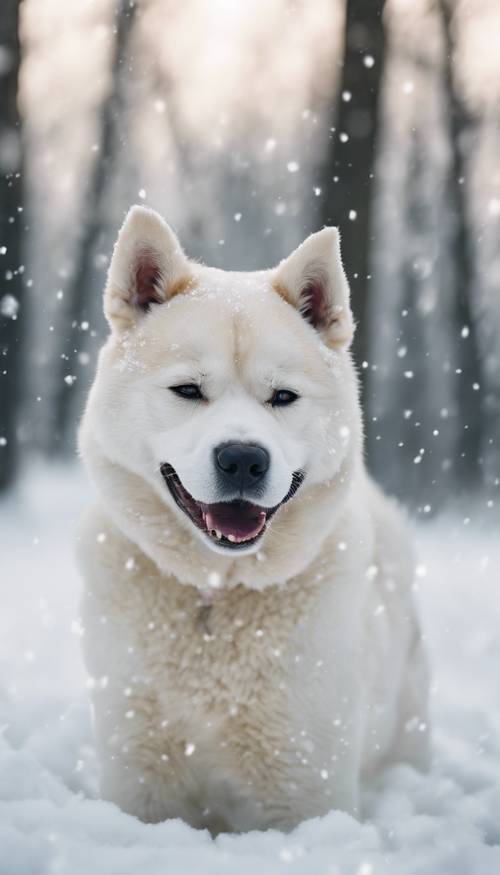 Um majestoso cão Akita branco brincando alegremente na neve do inverno.