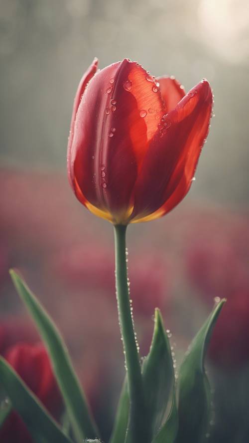 Tulip merah yang dicium embun di bawah sinar matahari lembut di pagi yang berkabut.