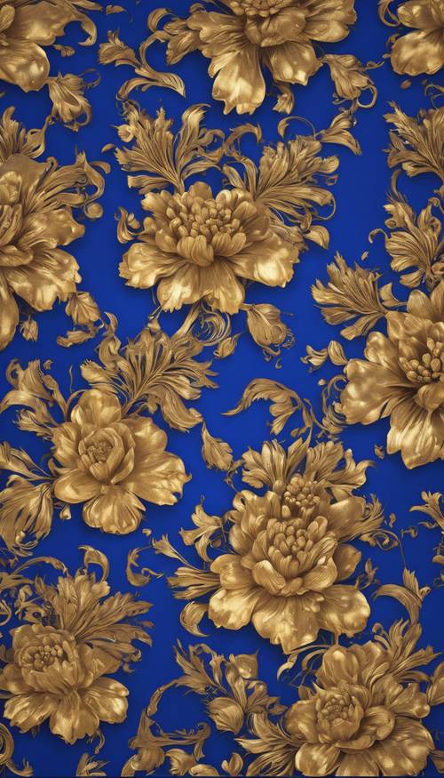 Ein sanftes Arrangement goldener Damastblumen auf einer königsblauen Oberfläche.