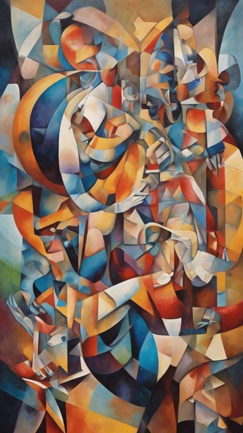 Lukisan abstrak yang memadukan kubisme dan surealisme, menampilkan tarian dinamis bentuk geometris dan figur seperti mimpi.
