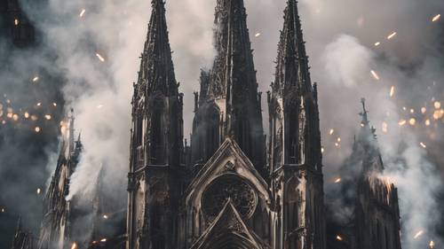 Uma catedral gótica com belos rastros de fumaça de incenso pairando no ar.