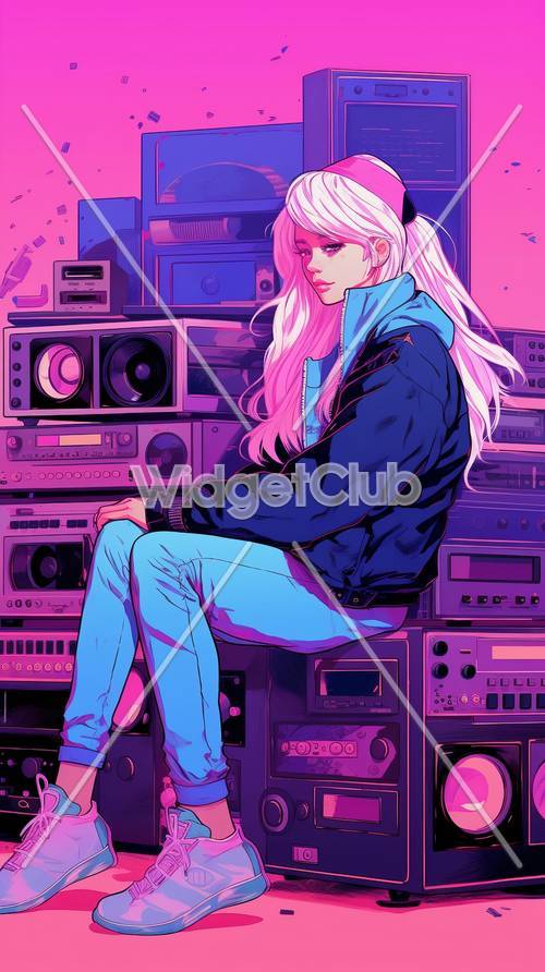 Cool Retro Music Girl with Boomboxes