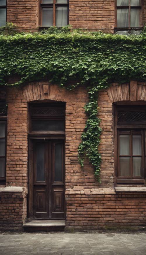 Um velho prédio de tijolos marrons com folhas de hera subindo pela parede.