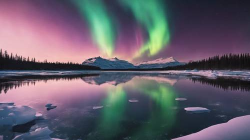 Una imagen fascinante de la aurora boreal con una cita de anime que aparece como reflejo en un lago sereno y helado.