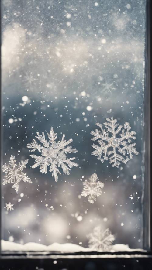 פתיתי שלג נצמדים על זכוכית החלון.