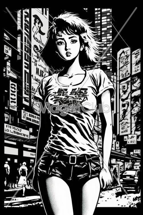 Garota mangá em preto e branco na cidade