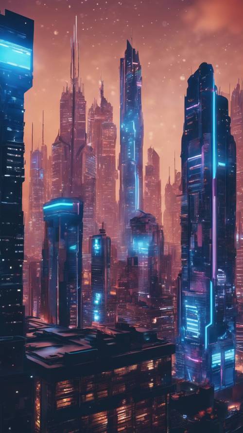 Uma cidade futurista brilhando com vibrantes luzes azuis neon e arranha-céus perfurando o céu noturno.