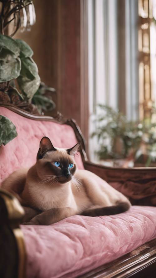 一只粉红色的暹罗猫懒洋洋地躺在维多利亚风格的房间里的柔软垫子上。