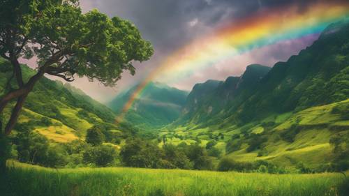 Un arcobaleno vibrante che si estende su una valle verde e lussureggiante, con la frase sottostante &quot;Dio mantiene le Sue promesse&quot;.