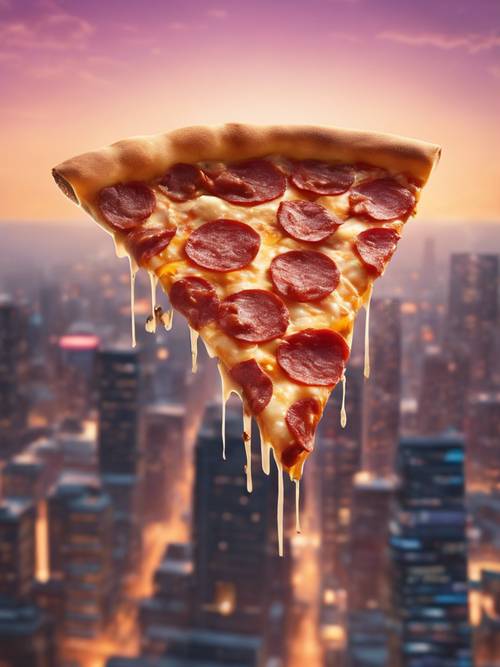 A pizza slice hovering over a futuristic city skyline at dusk.
