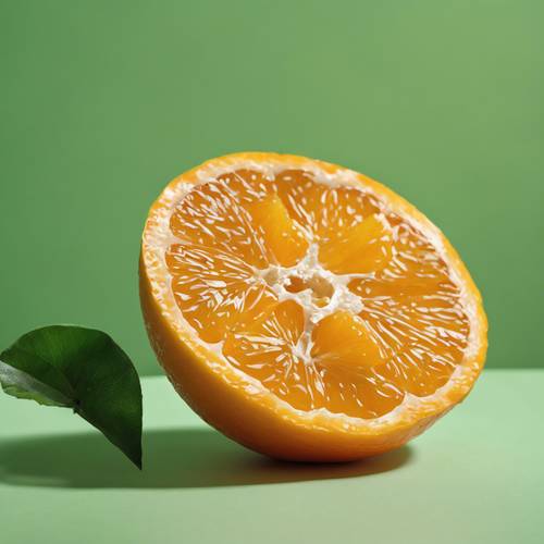 A half peeled orange fruit against a green background.