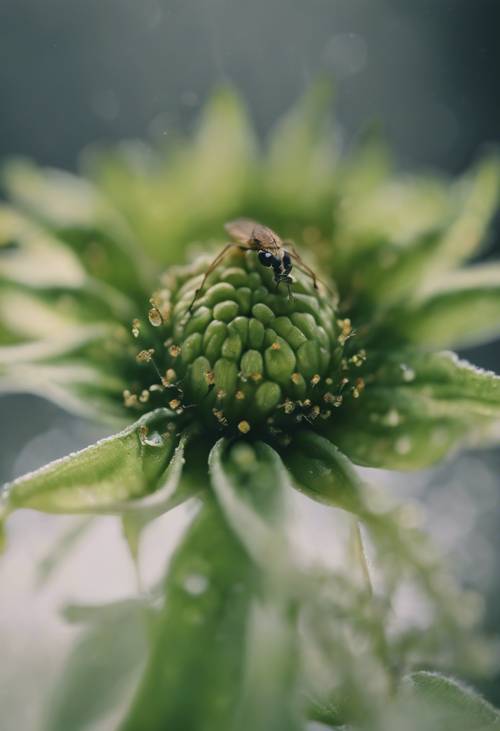 Uma flor verde escura vista da perspectiva de um minúsculo inseto.