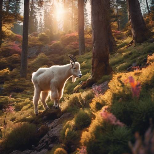 Una foresta alpina che risplende delle splendide sfumature del tramonto, mentre simpatiche capre di montagna serpeggiano nei dintorni.